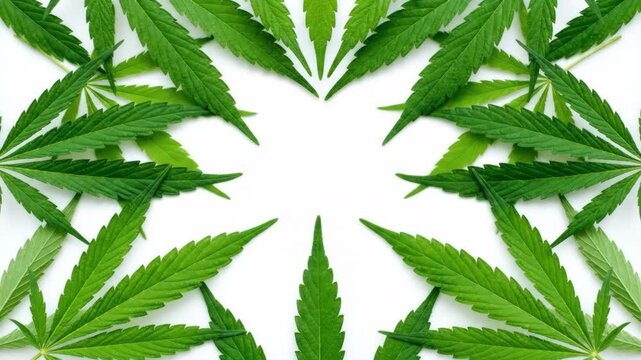 Green cannabis leaves arranged in a symmetrical border on a clean white background, ideal for representing natural medicine and the herbal industry.