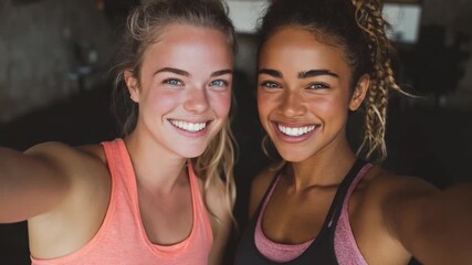 Radiant Duo: Two women of diverse backgrounds, glowing with vitality and joy, capture a selfie in a fitness setting. This image embodies the spirit of wellness and female solidarity.