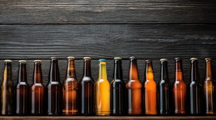 Bottles of different drinks are lined up on a wooden shelf during a gathering. The setting suggests a social event with friends enjoying beverages together.