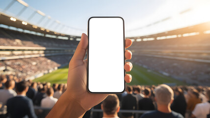 Hand holding a phone with a blank screen at a stadium event.