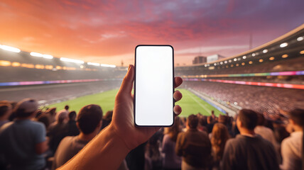 Smartphone with blank screen at stadium during sports event with crowd.