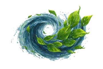 A dynamic swirl of water and green leaves depicting harmony and nature.