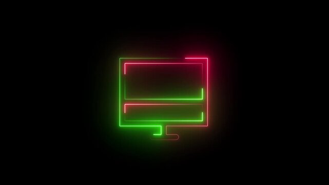 Neon outline of a computer monitor with green and pink glowing lines on a black background screen display