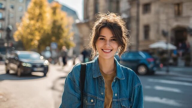 Urban Radiance: A young woman exudes confidence and charm as she graces a sun-drenched street, her smile a beacon of positivity amidst the urban landscape.