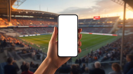 Blank smartphone screen held up at stadium during game by female.