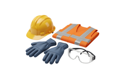 Safety Gear Set Hard Hat Gloves Goggles Reflective Vest Isolated on Transparent Background PNG

