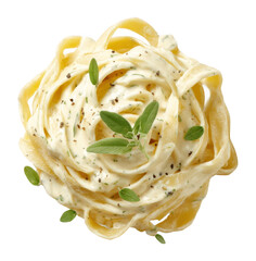 A stylish serving of fettuccine pasta coated in creamy sauce and herbs.