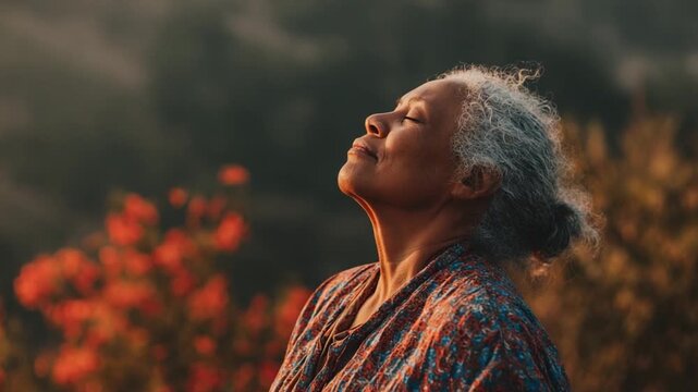 Serene Moments: An Elderly woman closes her eyes, basking in the warmth of the sun, embracing tranquility and peaceful existence. A portrayal of contentment and mindful presence.