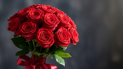 Obraz premium Bouquet of red roses for valentine, fresh flowers close up, romantic mood, natural light, dark elegant background, shallow depth of field, premium stock photo, no people, no text six