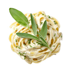 Creamy fettuccine pasta topped with fresh herbs and sage leaves.