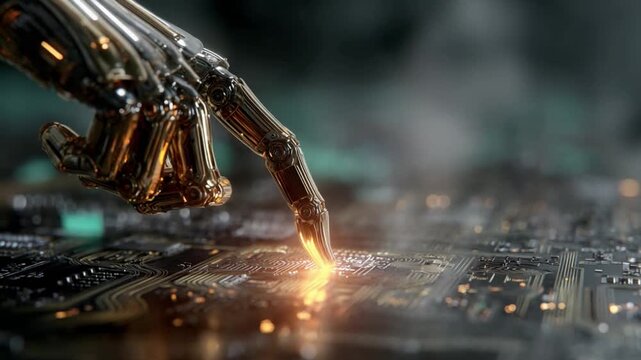 Golden Touch in Tech: A futuristic golden mechanical hand delicately interacts with an illuminated circuit board, embodying the fusion of technology and innovation.