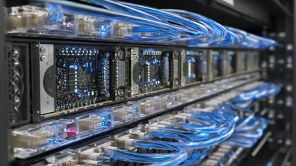 Data Center Network Infrastructure: A close-up view of a data center's intricate network infrastructure, showcasing a dense array of servers, interconnected by an organized system of blue cables. - Powered by Adobe