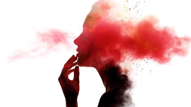 Abstract Art Double Exposure of a Woman's Silhouette and Colorful Powder Celebrating the Hindu Spring Festival of Holi.
