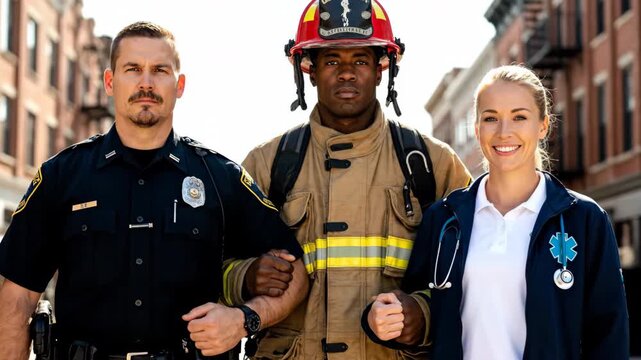 Emergency service workers featuring a policeman, firefighter, and paramedic, standing together in uniform, in front of brick buildings, symbolizing public safety and community service.