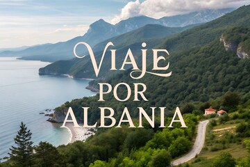 Albania nature travel tourism destination Europe vacation advertising promotion scenic landscape mountains rivers text Viaje por Albania travel elements journey Balkan tourism marketing design poster