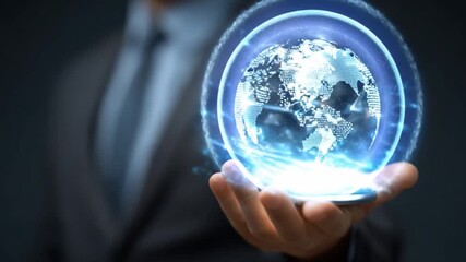 Global Innovation at Your Fingertips: A visionary figure extends a hand, cradling a mesmerizing holographic globe that symbolizes global connectivity, technological advancements. - Powered by Adobe