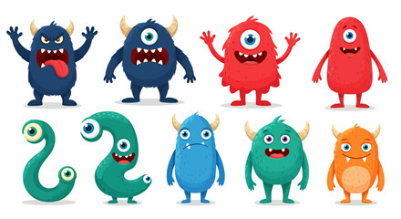 Obraz premium Colorful cartoon monsters with various shapes and expressions standing on a white background.