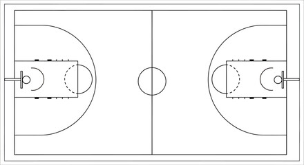 Top view illustration of a standard basketball court layout with markings and hoops.