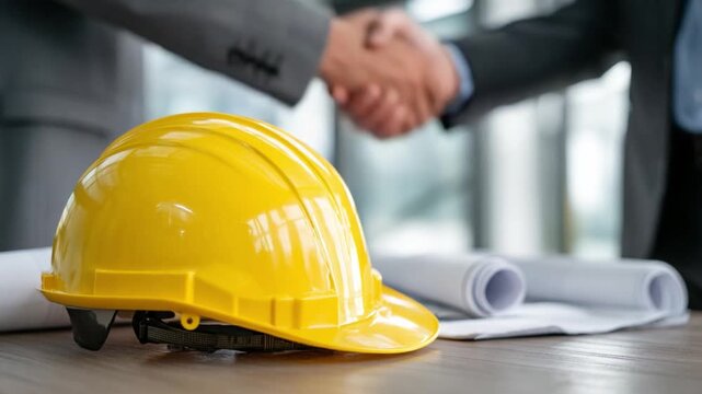 Construction Deal: A handshake sealed the agreement between business partner, with safety helmet resting upon blueprints, symbolizing collaboration and partnership. 