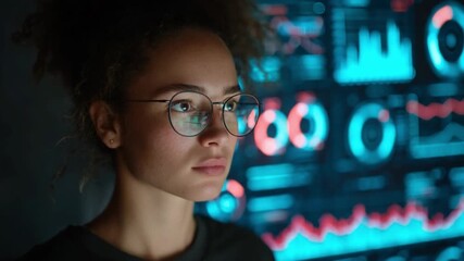 Analytical Insight: A focused individual studies data visualizations, the glow of the screen illuminating their determined expression.