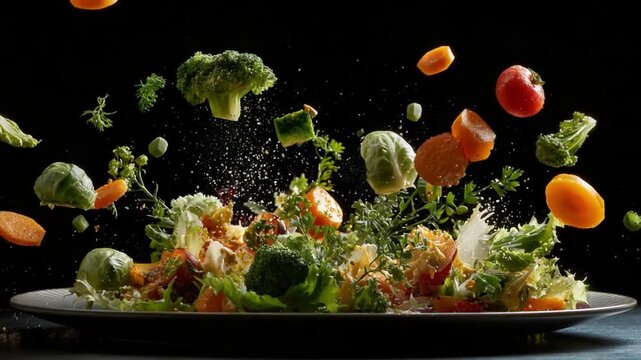 Culinary Symphony: A visually stunning display of vegetables, frozen mid-air as if orchestrated by a chef's hand. It captures the vibrancy of fresh ingredients. 