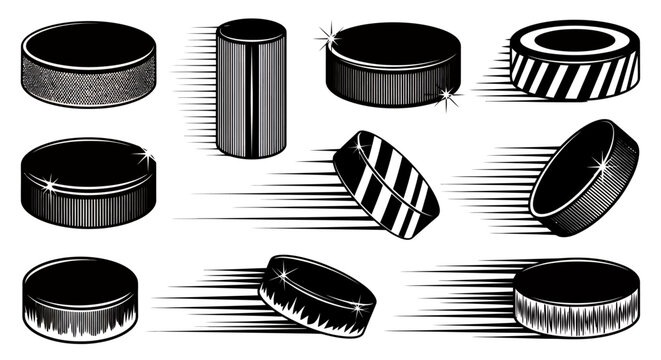Set of various illustrated hockey pucks in motion with different angles and styles.