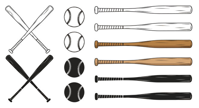 Collection of various baseball bats and balls in different colors and styles illustration.