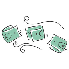 hand drawn doodle banknotes money blown by the wind illustration