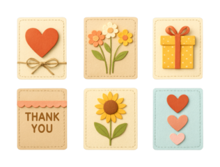Cute felt craft cards featuring hearts, flowers, a gift box, and a thank you message, perfect for various celebrations and heartfelt expressions.