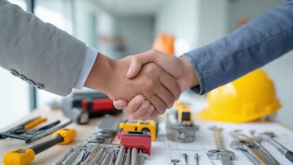 Handshake in Construction: A firm handshake seals a deal in a construction setting, symbolizing partnership, agreement, and shared goals amidst the tools of the trade.
