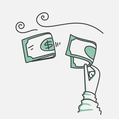 hand drawn doodle banknotes money blown by the wind illustration