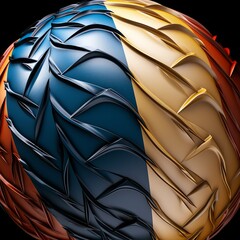 Abstract Sphere with Intricate Metallic Pattern, Blue, Gold, and Copper Tones, Modern Design