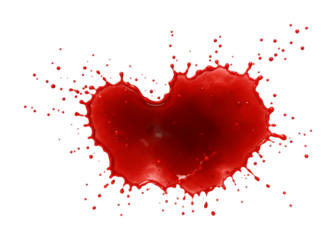 Red heart liquid splash exploding with many droplets creating a dynamic and vibrant abstract shape, symbolizing love, passion, and energy.