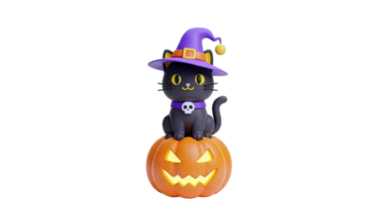 Cute Black Cat in Witch Hat on Jack-o'-Lantern for Halloween