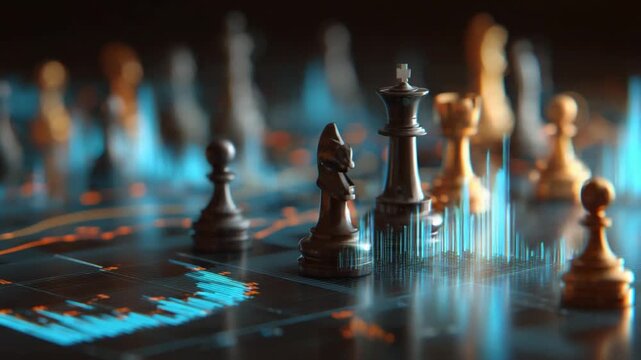 Strategic Moves: A chess board, with elegant pieces poised against a backdrop of dynamic data visualizations, representing strategy and the art of decision-making.