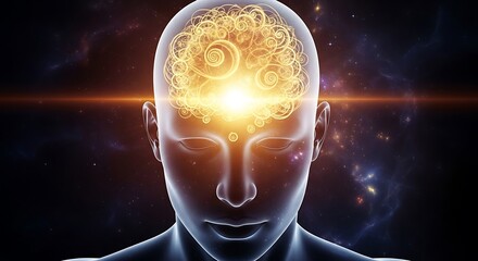Abstract depiction of human consciousness and the universe, with a glowing brain and cosmic background, symbolizing imagination and thought