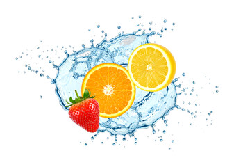 Fresh strawberry orange lemon slices splashing into clear refreshing water with dynamic droplets creating a vibrant and energetic fruit beverage concept.