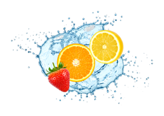 Fresh strawberry orange lemon slices splashing into clear refreshing water with dynamic droplets creating a vibrant and energetic fruit beverage concept.