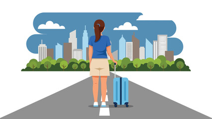 Modern vector illustration of traveler with suitcase looking at city skyline, lifestyle travel concept ideal for tourism, business travel, relocation, and destination marketing