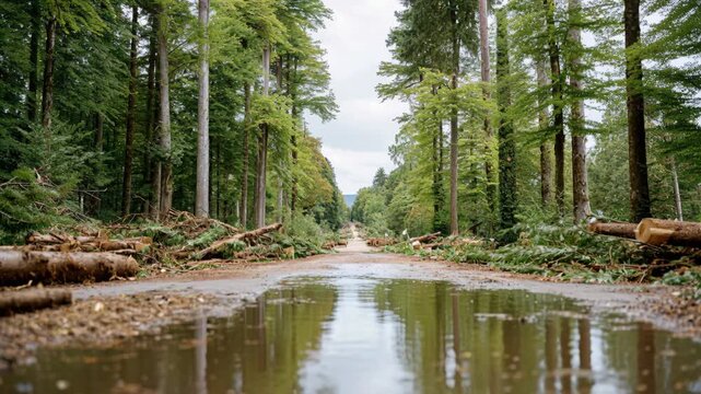 A low-angle shot of a muddy forest road with fallen trees and a puddle reflecting the surrounding lush green trees.