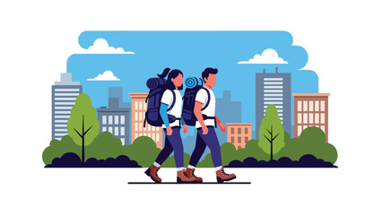 Naklejka premium Modern vector illustration of couple traveling with backpacks in city, lifestyle tourism concept ideal for urban travel, holidays, and destination promotion