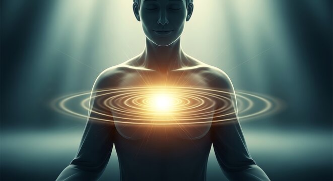 Human Body Energy Center Concept Representing Inner Power and Spiritual Awakening with Glowing Light and Orbiting Rings