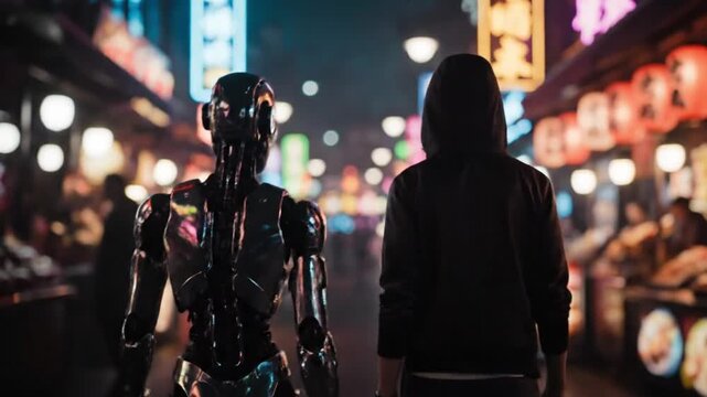 Exploring the future ai generated robotics in a neon-lit city night scene generative ai art