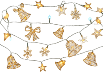 Christmas string lights with decorative bells, stars, and snowflakes create a festive and sparkling holiday illumination, perfect for seasonal celebrations and joyful occasions.