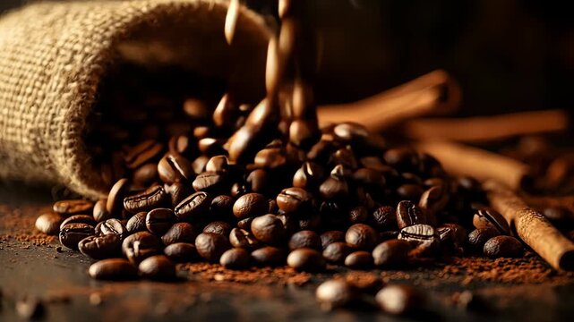 A rich array of coffee beans flowing out from an burlap sack, an enticing blend of various spices, creating a delightful sensory experience. Perfect for coffee enthusiasts and connoisseurs alike