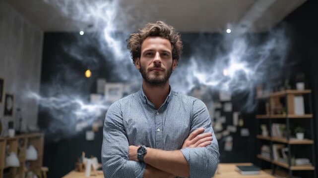 Power of Mind: A determined figure stands confidently, his gaze steady amidst the atmospheric backdrop of concentrated energy, which symbolizes focus.