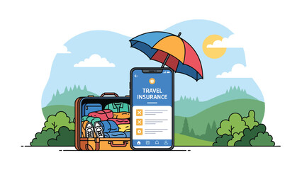 Modern vector illustration of travel insurance concept with suitcase, safe travel and protection theme ideal for tourism and insurance marketing