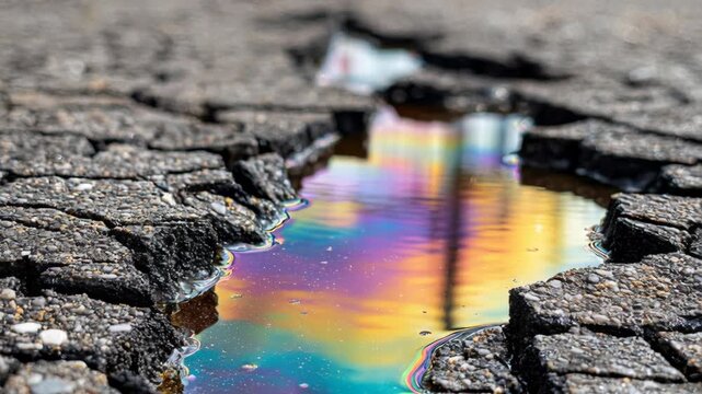 A close-up, low-angle shot captures a shimmering oil slick on a cracked asphalt road, reflecting a rainbow of colors.