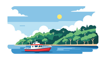 Modern vector illustration of island travel destination with boat and coastline, summer vacation and tourism concept ideal for leisure promotions © meeblues
