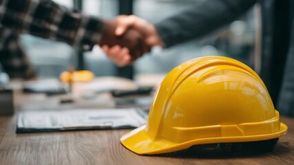 Building Trust and Collaboration: A construction site handshake seals a deal, with a yellow hard hat symbolizing safety and teamwork. - Powered by Adobe
